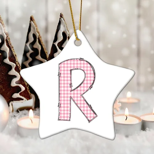 Miniatura 6 de Adorno de cerámica con monograma de letras del alfabeto de búfalo rosa con forma de estrella, recuerdo colgante para boda, invierno, Año Nuevo