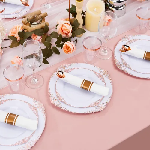 Miniatura 8 de Hioasis 350 platos de plástico color oro rosa, elegante juego de vajilla desechable adecuado para 50 invitados, incluye platos de cena de 10.25