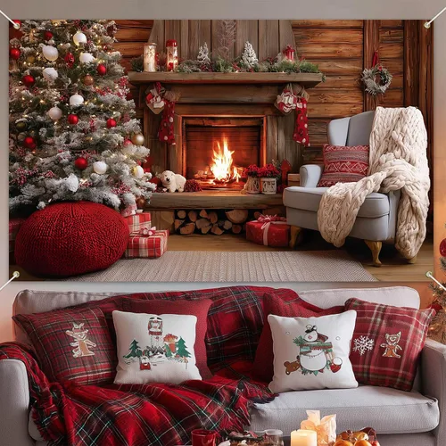 Miniatura 5 de HOMETITUTE Cartel navideño para chimenea de 71 x 43 pulgadas, acogedor telón de fondo navideño con adornos para árbol de Navidad, fondo cálido fuego