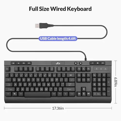 Miniatura 7 de Rii RK900Pro Teclado retroiluminado de impresión grande, teclado USB de tamaño completo con cable con retroiluminación azul, compatible con Windows