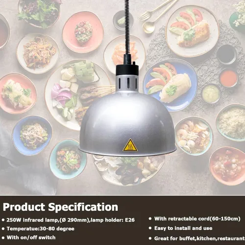Miniatura 2 de Lámpara colgante de calor para alimentos, calentador infrarrojo, luz de calefacción para freír 250 W con cable retráctil