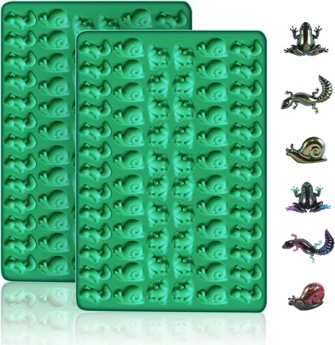 2 piezas de moldes de silicona de animales, 104 cavidades con forma de rana, lagarto, caracoles, moldes de silicona mini para hornear galletas,