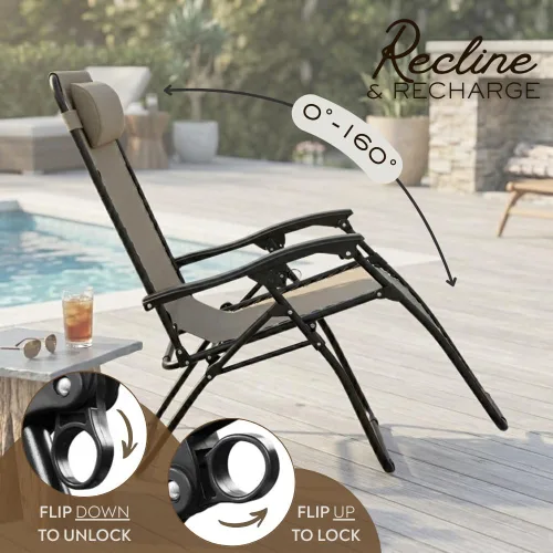 Miniatura 4 de Sillón ajustable de gravedad cero con tela de malla de acero: silla de césped reclinable con almohada cómoda, bandeja portavasos, y posiciones Beige