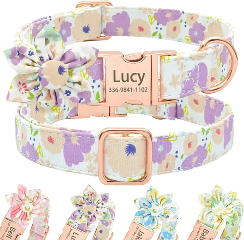 Miniatura 15 de Collar de perro con bonito lazo personalizado con nombre, collar floral personalizado con hebilla dorada grabada para perras pequeñas, medianas
