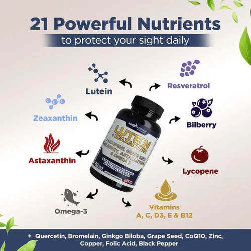 Miniatura 3 de Gade Nutrition Suplementos de luteína y zeaxantina Vitaminas para los ojos de astaxantina con Omega 3, resveratrol, arándano, licopeno