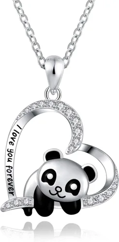 ACJNA 925 Sterling Silver Panda Bear Necklace Bamboo Heart Pendant Engraved I love You Forever Women Jewelry