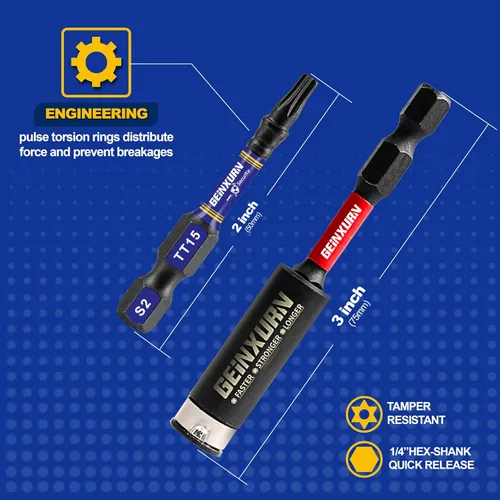 Miniatura 3 de Geinxurn Juego de brocas de destornillador magnético de impacto de seguridad T15 de 2 pulgadas, juego de brocas de potencia de cabeza Torx #15 de 51