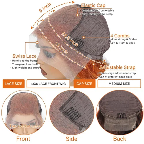 Miniatura 4 de 200% de densidad 13X6 Peluca de encaje frontal con reflejos ombre de pelo humano para mujeres, peluca de encaje frontal color naranja rojizo