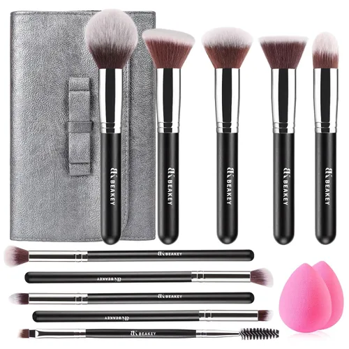 Miniatura 9 de Conjuntos de brochas de maquillaje BEAKEY, juegos de brochas con esponjas de maquillaje (10+2 piezas, con estuche negro) Storage case with lid