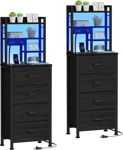 Miniatura 16 de Furnulem - Mesita alta con 3 cajones de tela y luces LED, mesita de noche con estantería, mesas de noche de 45.3 pulgadas de altura con puertos USB