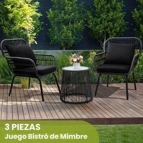 Miniatura 2 de wildformers juego de 3 piezas de ratán y mimbre para bistró, juego de conversación para exteriores, juego de muebles de mimbre con mesa de vidrio