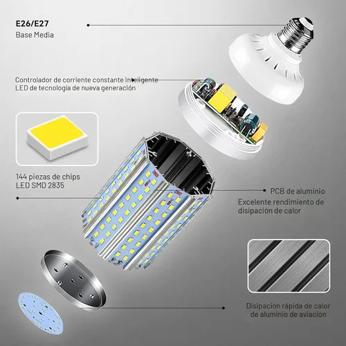Miniatura 4 de Paquete de 2 bombillas LED de maíz equivalentes a 200W, 3000 lúmenes, 6500K luz blanca fría diurna, 30W, lámpara LED de maíz E26/E27, base mediana