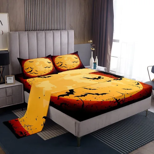 Miniatura 10 de Lindas sábanas de murciélagos tamaño individual, juego de sábanas de Feliz Halloween para niños y niñas, Kawaii cielo estrellado estrellas luna