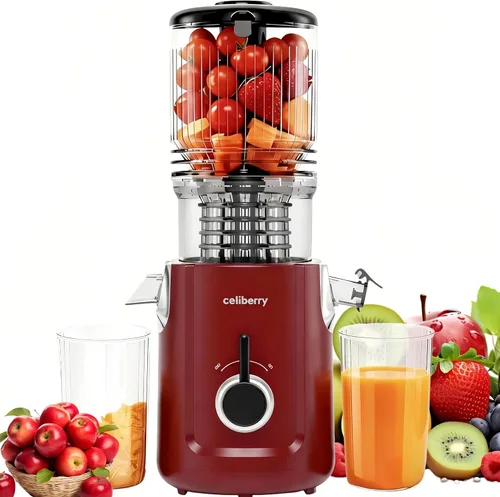 Exprimidor de prensado en frío, 5.3 pulgadas, gran conducto de alimentación exprimidor lento para frutas y verduras enteras, fácil de limpiar,