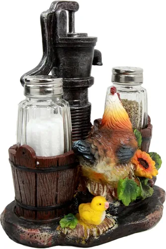 Miniatura 3 de Ebros Country Animal Farm Pollo gallina con pollitos por riego, barriles de bomba y girasoles, salero y pimentero, figura como cocina, comedor
