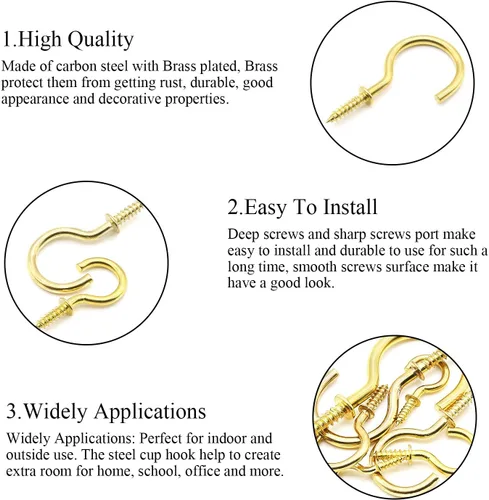 Miniatura 5 de DYWISHKEY Kit de ganchos de tornillo para tazas, 136 unidades, 7 tamaños, ganchos de rosca chapados en latón para el hogar, la oficina y el lugar