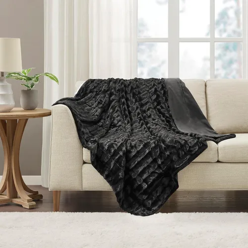 Miniatura 2 de Madison Park Duke - Manta larga de piel sintética de lujo, suave y acogedora, para cama, entrenador o sofá, 50 x 60 pulgadas, color negro