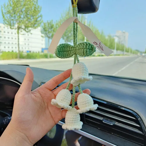 Miniatura 2 de Surakey Lindo colgante Campanula flor ganchillo punto Convallaria espejo espejo espejo interior coche espejo retrovisor cordón de algodón colgante