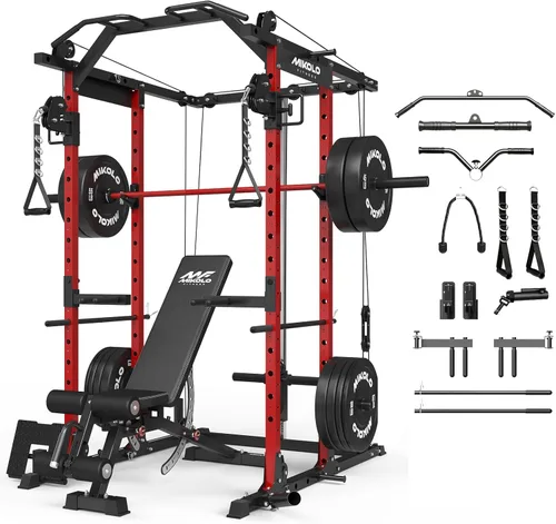 Miniatura 12 de Mikolo Jaula de Potencia, Rack de Potencia con Sistema de Cruce de Cables, 1500LBS Rack para Sentadillas con Sistema de Jalón LAT, Jaula de Rojo