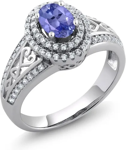 Miniatura 87 de Anillo de compromiso con halo de piedra preciosa y piedra natal en plata chapada en oro amarillo de 18 quilates, ovalado, 0.236 x 0.157 pulgadas