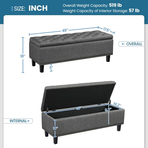 Miniatura 3 de Yaheetech Banco otomano clásico de entrada de 50 pulgadas con almacenamiento, taburete multiusos para reposapiés, color gris oscuro, 2