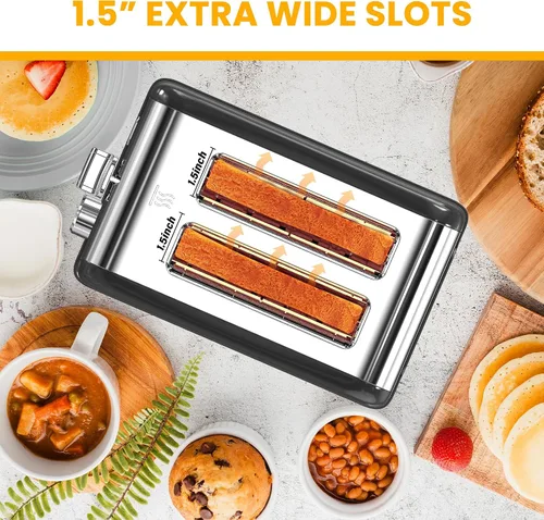 Miniatura 4 de Simple Deluxe Tostadora de 2 rebanadas, tostadora de acero inoxidable, 6 ajustes de tostado y 3 funciones, ranura extra ancha y bandeja extraíble
