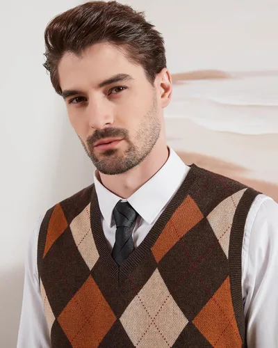 Miniatura 4 de Kallspin Suéter tipo chaleco con rombos para hombre, mezcla de lana, cuello en V, sin mangas