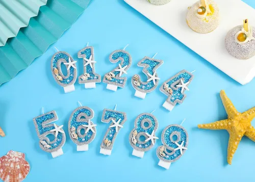 Miniatura 8 de Vela de cumpleaños número 0 3D número 0 para decoración de pastel para niños y niñas, niños pequeños bajo el océano, tema azul mar, fiesta