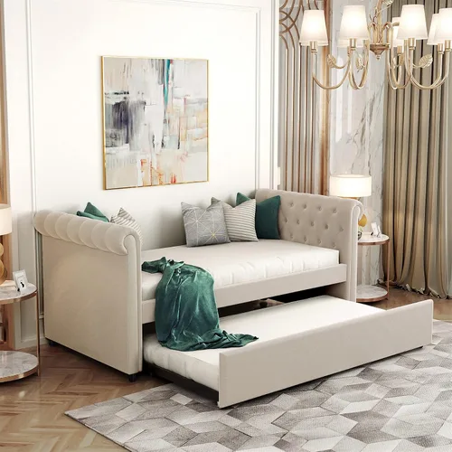 Miniatura 11 de MERITLINE Sofá cama tapizado de tamaño matrimonial con nido, sofá cama matrimonial de terciopelo con respaldo y reposabrazos, marco de cama Gris