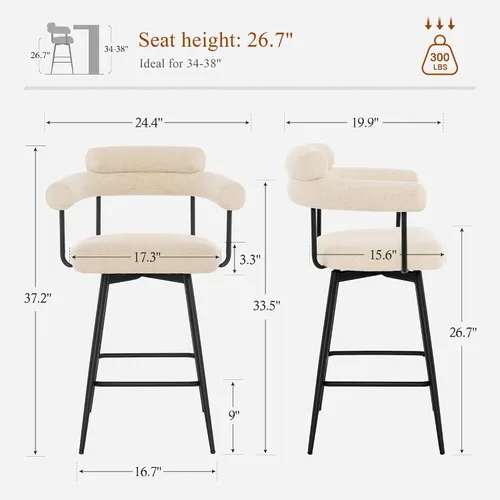 Miniatura 2 de Taburetes giratorios de altura de mostrador con respaldo completo, taburetes de bar tapizados de tela de lino de 26 pulgadas con respaldo acolchado