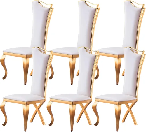 Juego de 6 sillas de comedor modernas tapizadas de cuero con patas de acero inoxidable doradas, sillas de cocina contemporáneas sin brazos con Cuero
