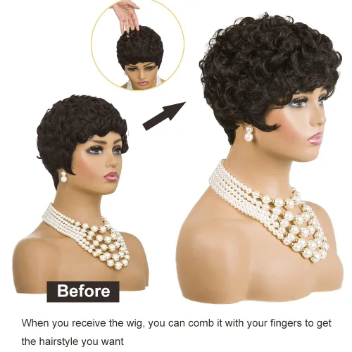 Miniatura 6 de MOONSHOW Pelucas cortas de corte Pixie para mujeres negras, pelucas cortas Pixie negras naturales para mujeres negras, peluca sintética rizada