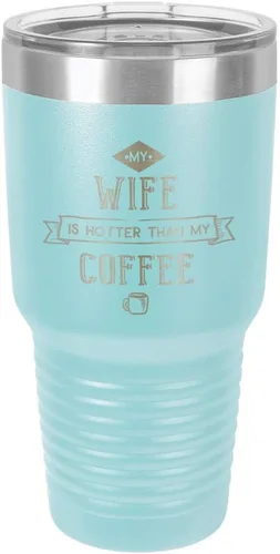 Miniatura 22 de Taza de viaje de acero inoxidable con popote y tapa superior deslizante My Wife Is Hot Than My Coffee Black de 30 onzas