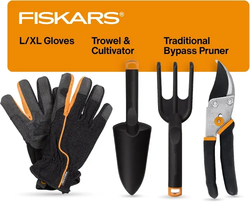 Fiskars Set de herramientas para plantas de interior con podador de bypass, pala, cultivador y guantes de jardín L/XL para jardinería en interiores