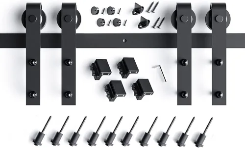 Miniatura 7 de EaseLife Kit de Rieles para Herrajes de Puerta Corredera de Granero de Doble Puerta de 14 Pies, Polea J Básica, Trabajo Pesado, Se Desliza Suave