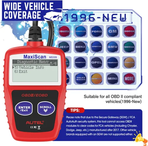 Miniatura 7 de Autel OBD2 Escáner MS309 Universal para Coche, Lector de Códigos de Fallas del Motor, Comprueba la Luz de Verificación del Motor y el Estado