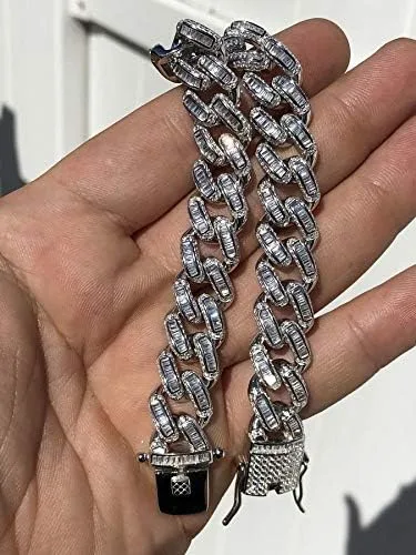 Miniatura 3 de HarlemBling Solid 925 Sterling Silver - Baguette CZ Iced Mens Miami Cuban Link Bracelet - 12mm - Heavy 62 Grams