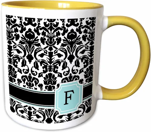 Miniatura 10 de 3dRose Letter F personal monogrammed mint blue black and white damask pattern - classy personalized initial 11oz Two-Tone Blue Mug