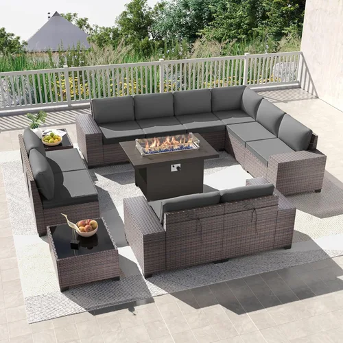 Miniatura 8 de Kullavik Juego de 13 muebles de patio al aire libre con mesa de fogata de gas propano de 43 pulgadas, 55000 BTU, mimbre de polietileno, sofá Arena