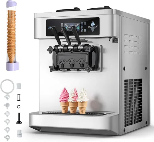 Miniatura 12 de VEVOR Máquina de helados comercial, rendimiento de 20-28 L/H, 2200 W 3 sabores para encimera de helado suave con 2 tolvas de 6 L y agitación