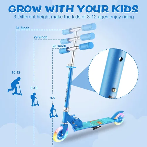 Miniatura 2 de Patinete para niños de 3 a 12 años - Patinetes para niños con ruedas LED iluminadas y manillar ajustable en 3 niveles, patinete rosa plegable y Azul