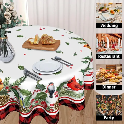 Miniatura 4 de Giwawa Mantel Redondo de Invierno con Aves para Navidad de 60 Pulgadas, con Bayas de Acebo y Piña, Diseño de Buffalo Plaid en Rojo y Negro