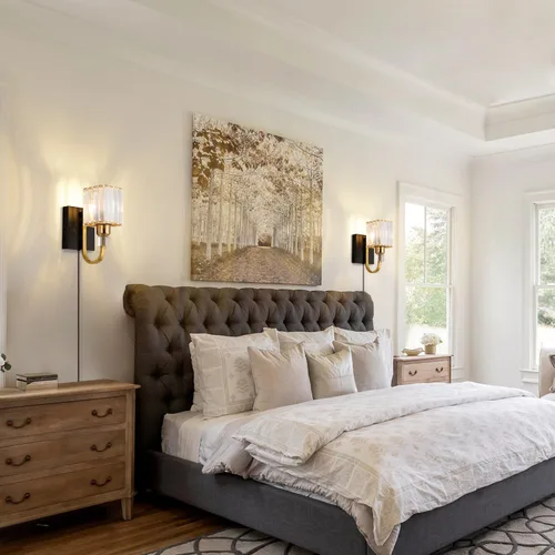 Miniatura 6 de Aplique de pared moderno de cristal con enchufe, lámpara de pared montada en negro dorado, lámpara de tocador enchufable con interruptor
