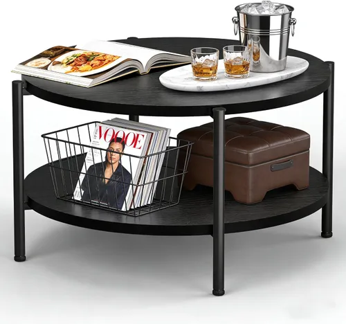 Miniatura 19 de Mesa de Café FAMIDGE, Mesas de Café de 23.6" para Sala de Estar, Mesa de Café Redonda con Marco de Metal, Mesa de Piso para Sentarse en el Suelo