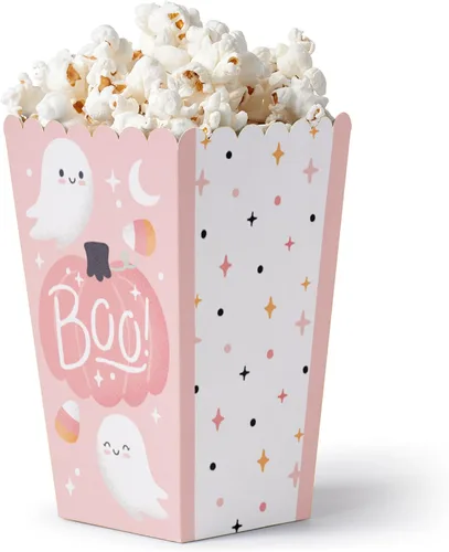Big Dot of Happiness Pastel Halloween - Cajas de palomitas de maíz para fiesta de calabaza rosa, juego de 12