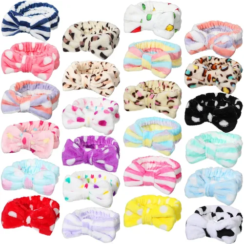 Jexine 24 piezas de diademas faciales de spa para maquillaje, paquete de diademas para el cabello con lazo, diadema de pelo esponjosa y de felpa