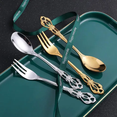 Miniatura 4 de Juego de cubiertos para 6 cubiertos de acero inoxidable estilo palacio, decoración de alivio hueco, utensilios de cubiertos de 24 piezas, incluye