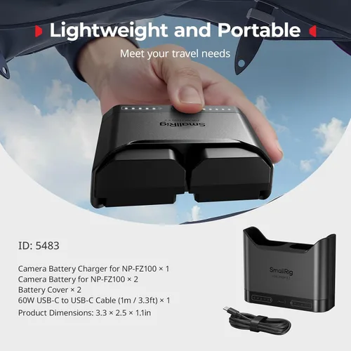 Miniatura 9 de SMALLRIG NP-FZ100 - Juego de baterías para cámara Sony, cargador de cámara de doble ranura de 22.5 W con baterías de 1940 mAh, compatible con Sony