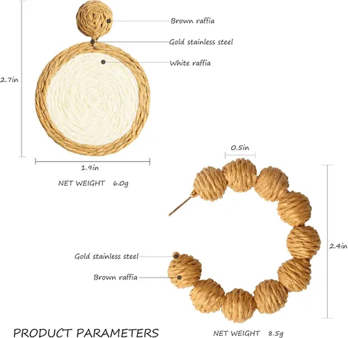 Miniatura 2 de Rattan Earrings Handmade Raffia Hoop Earrings for Women Summer Straw Boho Dangle Geometric Earrings Statement Beach Accessory Jewelry