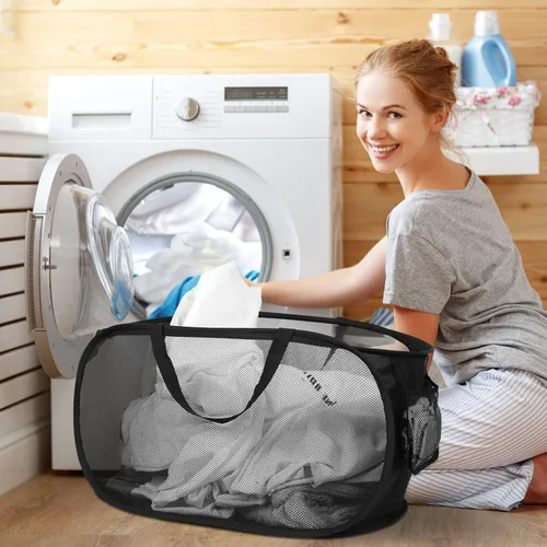 Miniatura 2 de Cestas de lavandería plegables duraderas, cesta de lavandería desplegable de malla con bolsillo lateral, cesta de ropa plegable con asas de 2 x negro